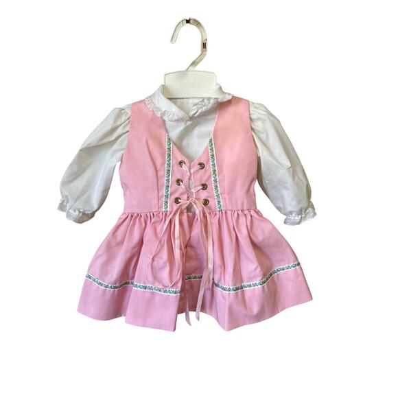 Vtg Infant 3piece Apron Shirt & Dress Set Pink/Wht Lace up 6-9 months - Picture 4 of 11